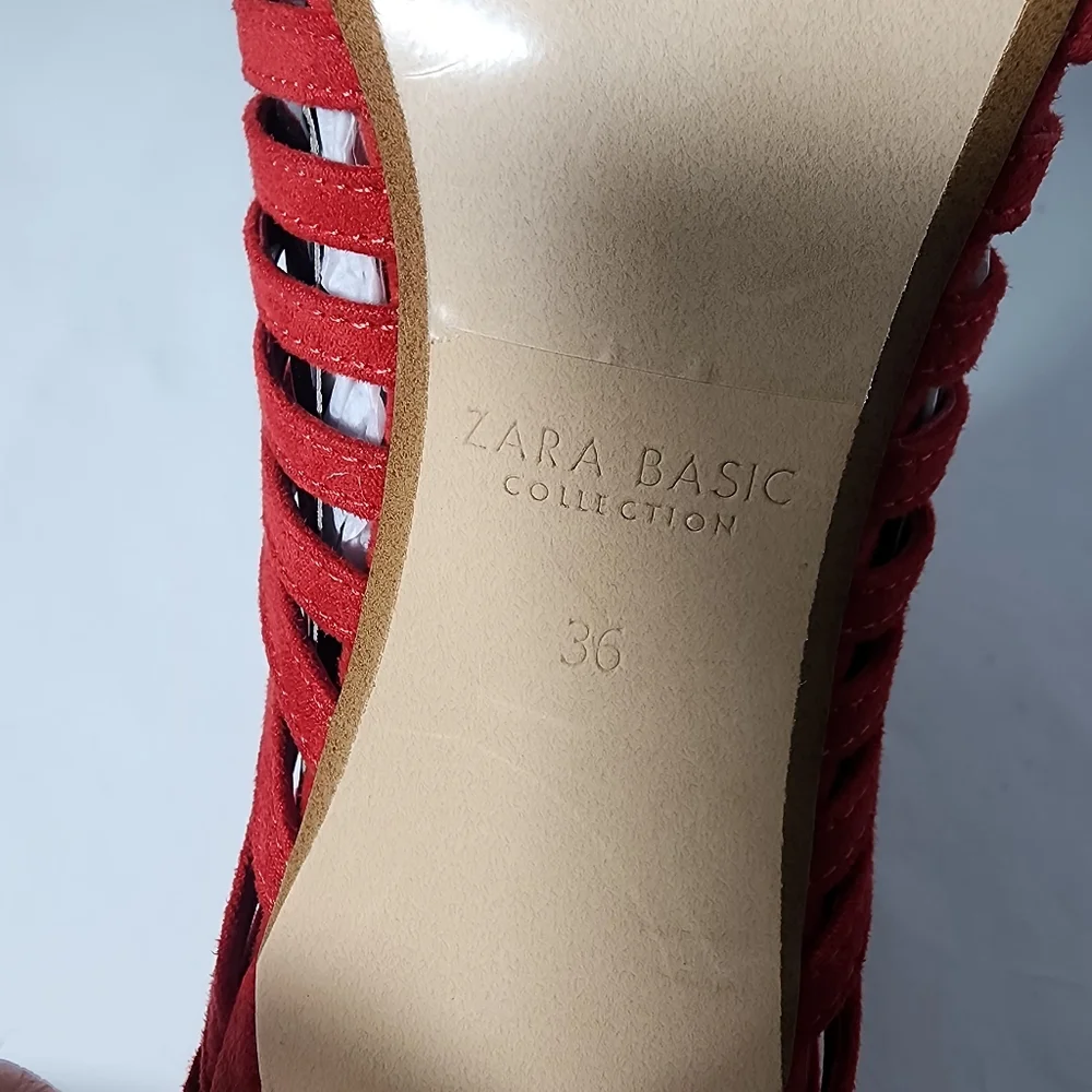 Zara Bright Red Faux Suede Strappy Caged Open Toe 4” Stiletto Heels Size‎ 36